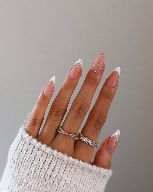17. Blush Pink French Tip Almond Nails with Rhinestones - nail ideas for wedding