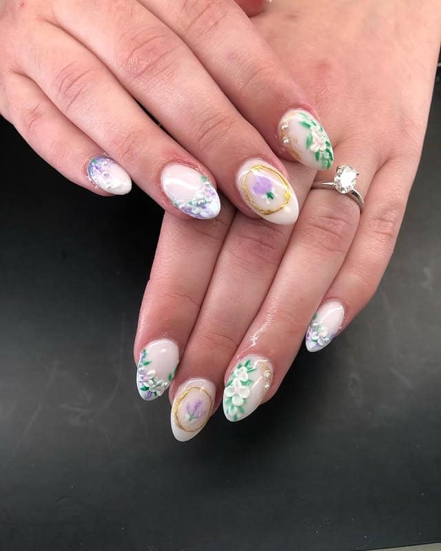18. Sheer Nude Floral Nails with Gold Outline Details - nail ideas for wedding