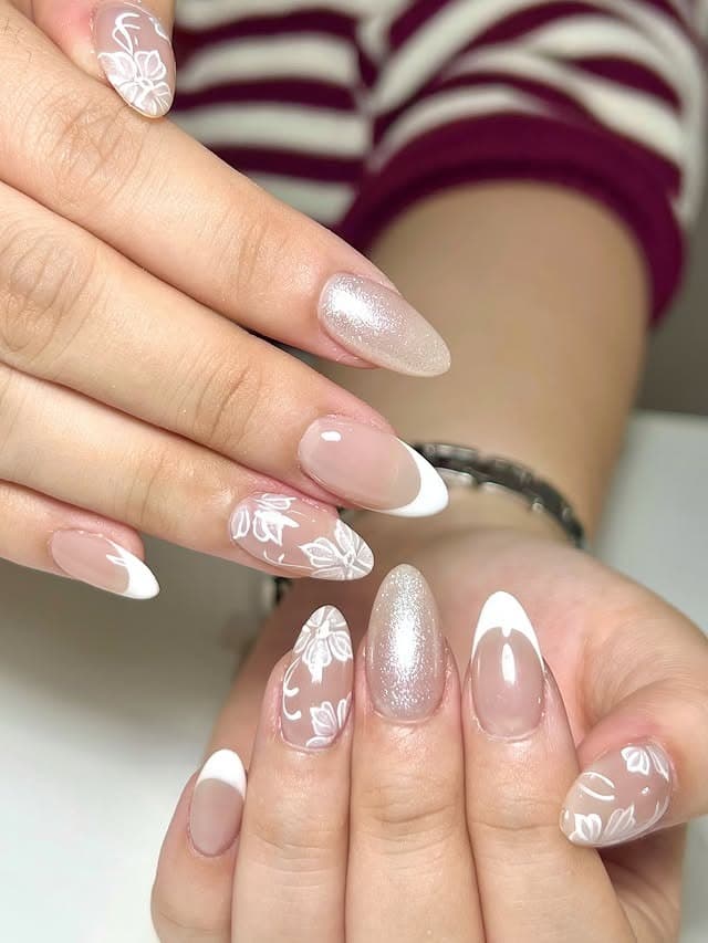 19. Pink and White Almond Nails with Lace and Glitter Accents - nail ideas for wedding