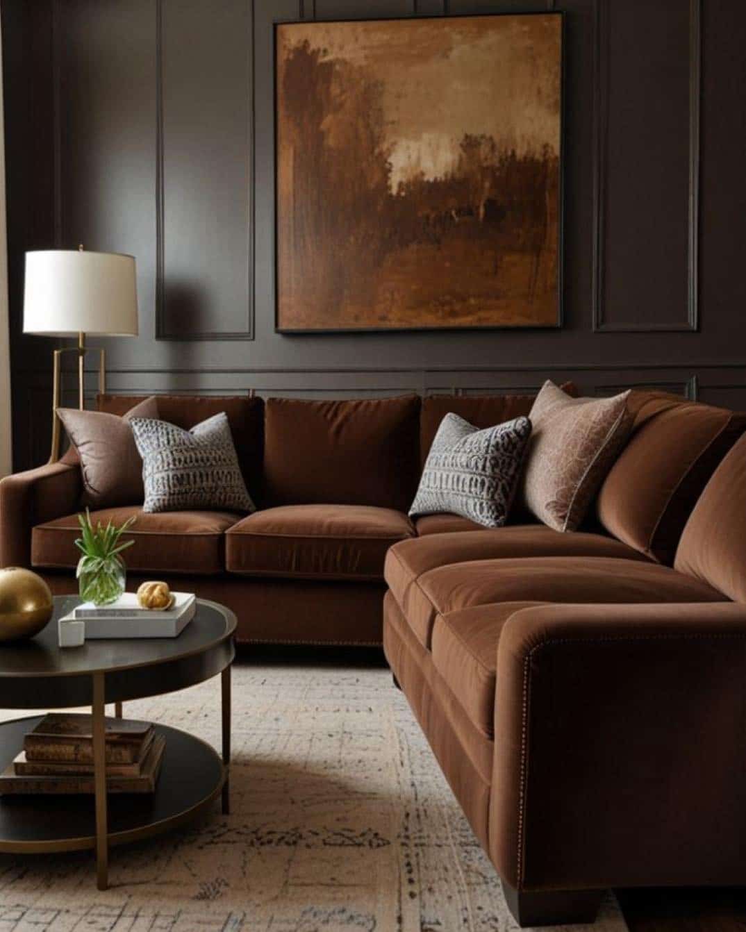 1. Warm Mocha Sectional with Dark Panel Walls - brown sofa living room ideas