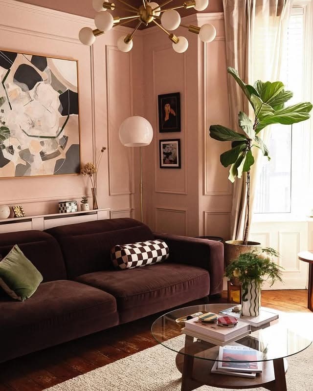 2. Blush and Chocolate Sofa Contrast Living Room - brown sofa living room ideas