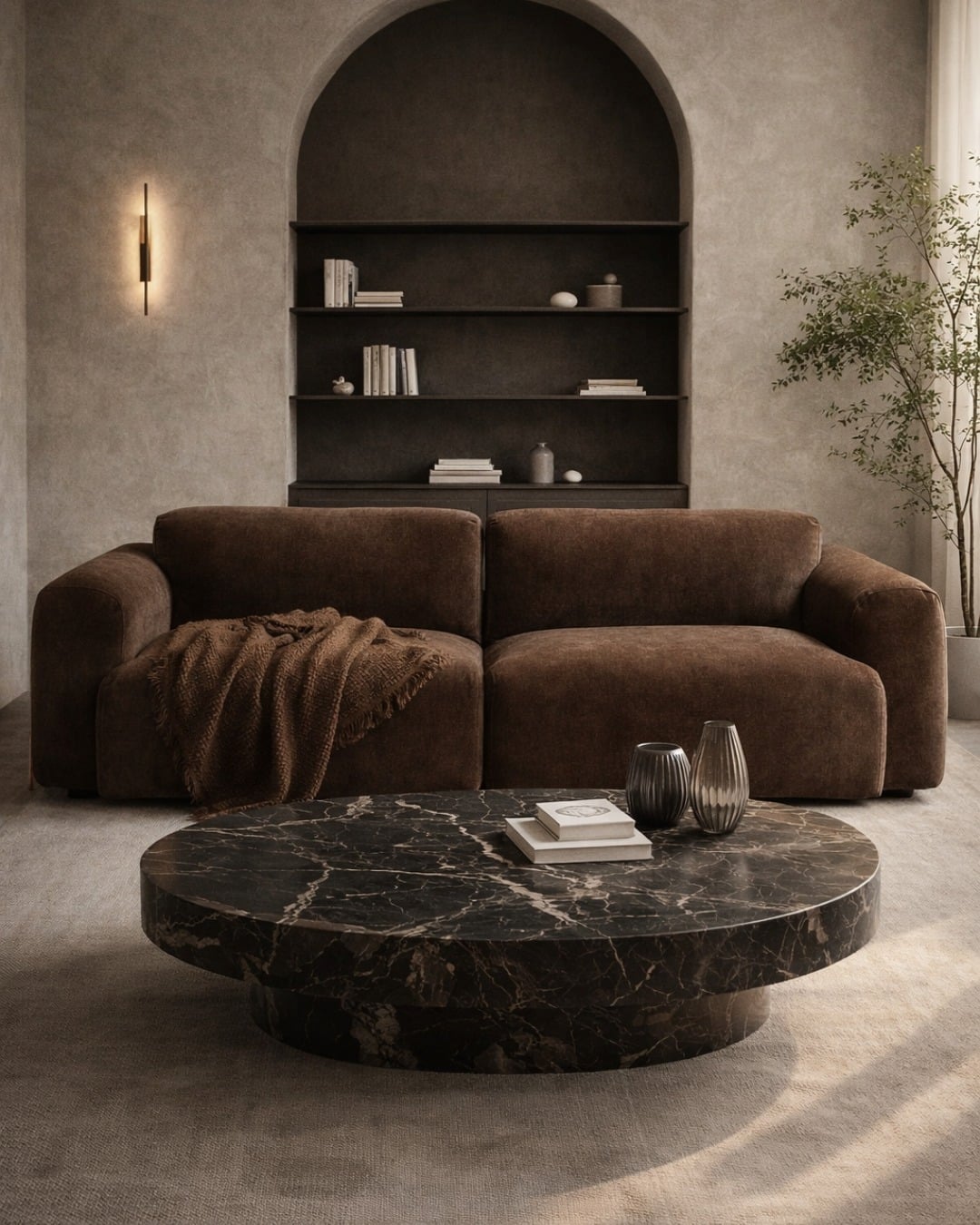 3. Sculptural Brown Sofa with Stone and Marble Accents - brown sofa living room ideas