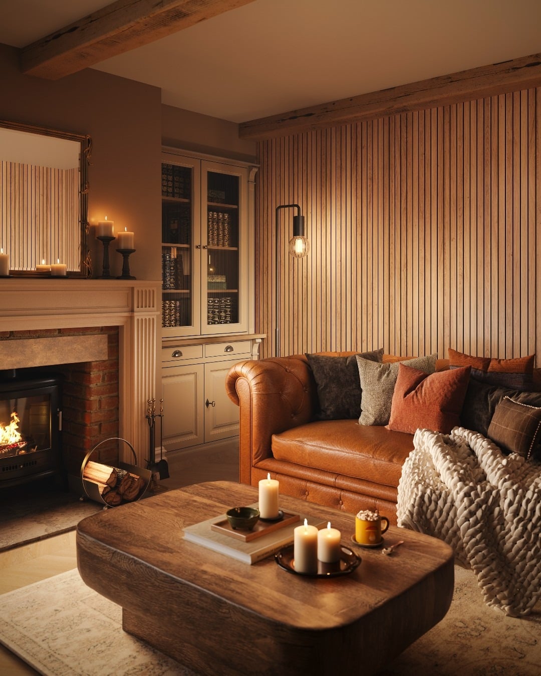 5. Cozy Leather Sofa with Wood Panel Backdrop - brown sofa living room ideas