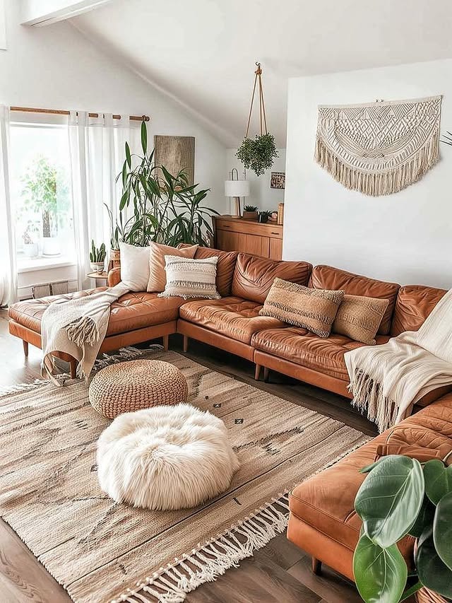 6. Light-Filled Boho Living Room with Tan Sectional - brown sofa living room ideas