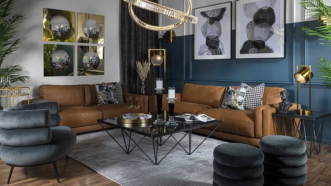 7. Modern Luxe Brown Sofa with Jewel-Tone Walls - brown sofa living room ideas