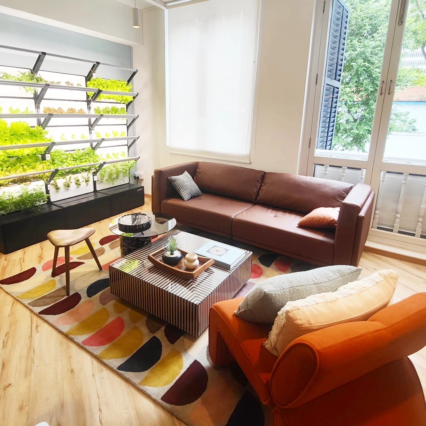 8. Compact Brown Sofa with Playful Color Accents - brown sofa living room ideas