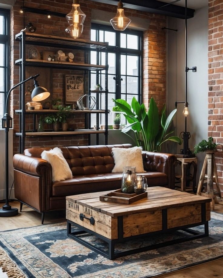 14. Industrial Brown Leather Sofa with Brick and Metal Details - brown sofa living room ideas