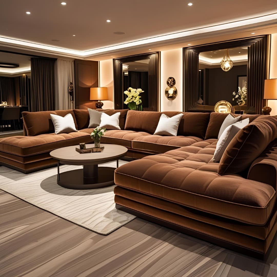 18. Luxe Chocolate Sectional with Ambient Lighting Design - brown sofa living room ideas