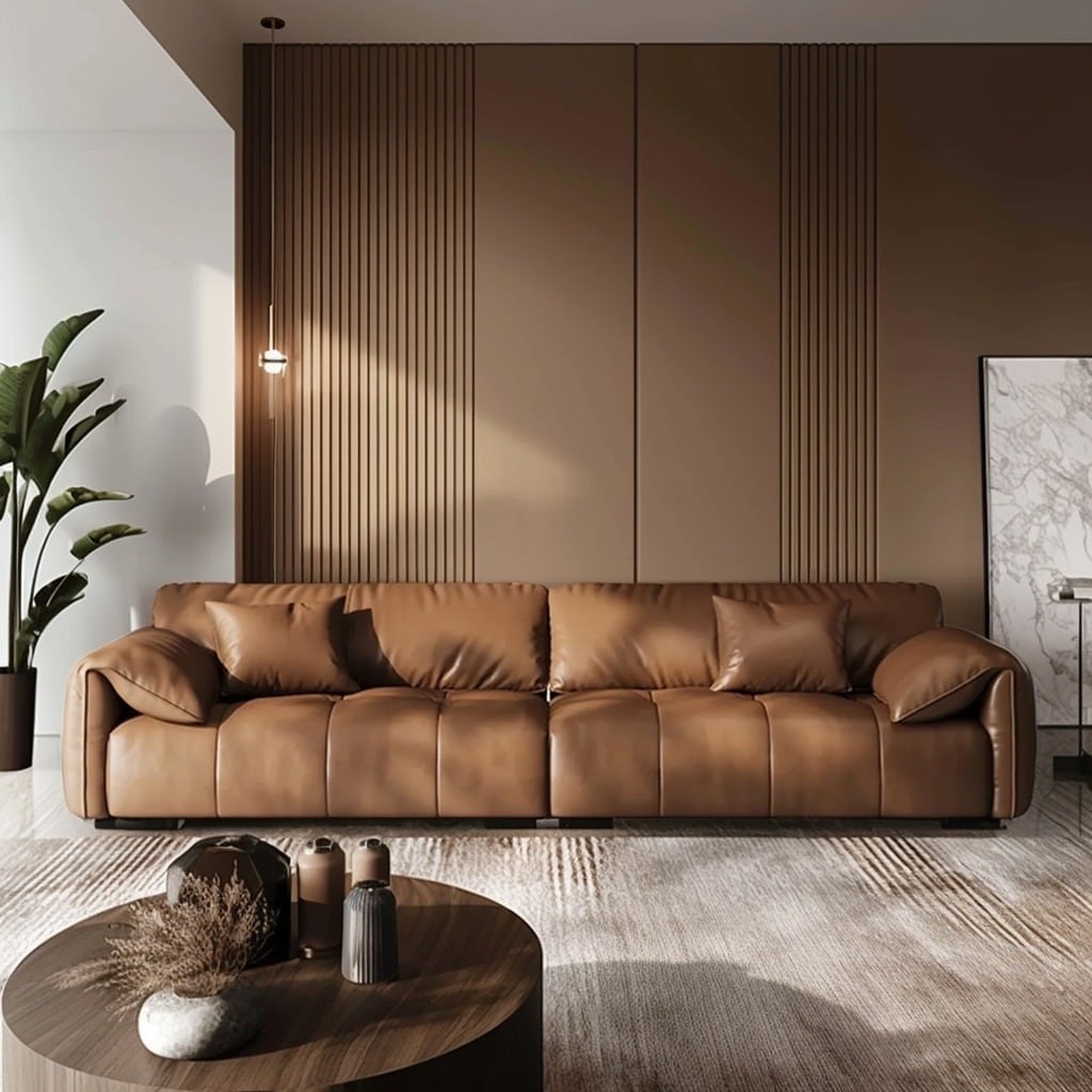 19. Minimalist Brown Sofa with Soft Neutral Wall Panels - brown sofa living room ideas