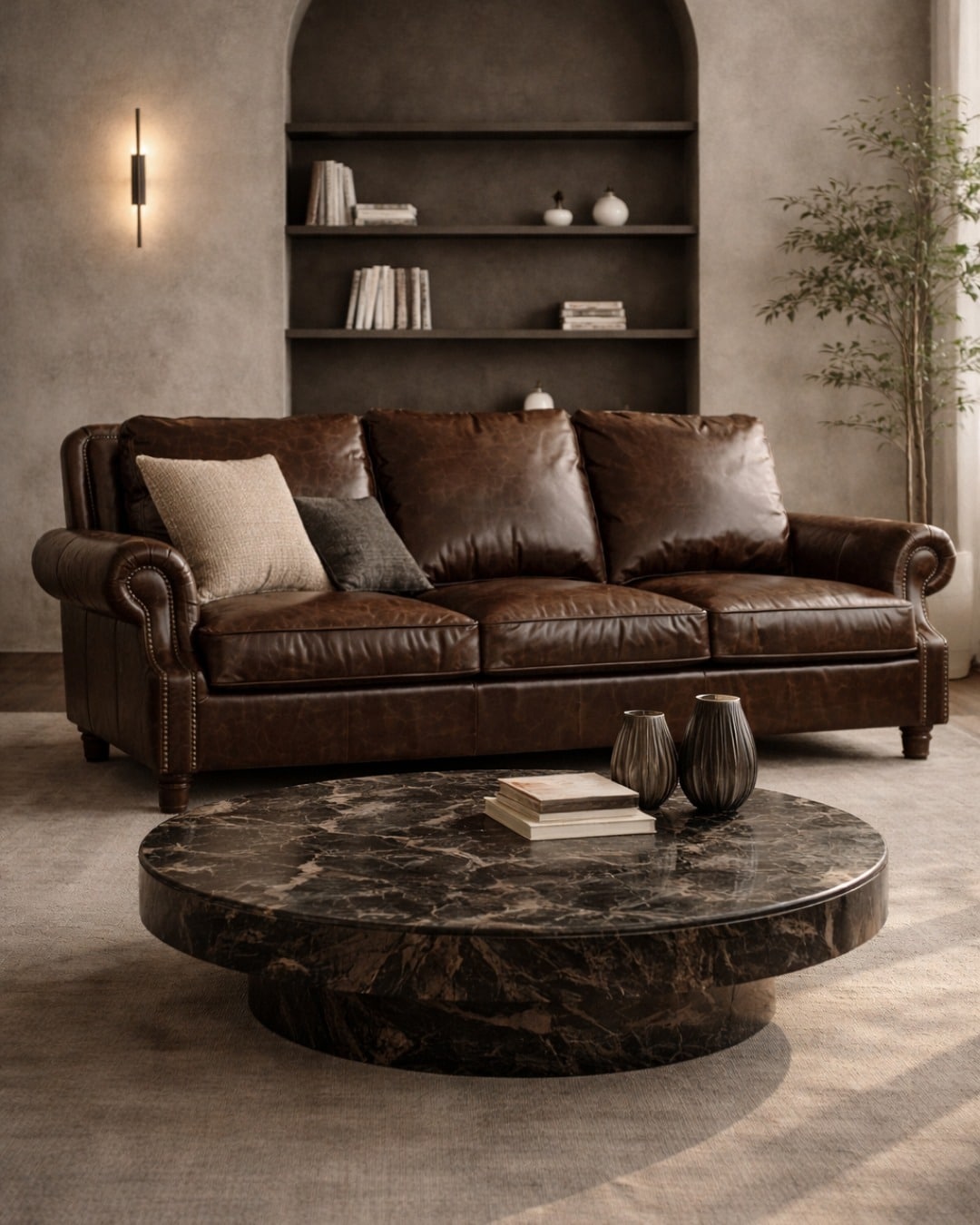 20. Traditional Brown Leather Sofa with Marble Coffee Table Accent - brown sofa living room ideas