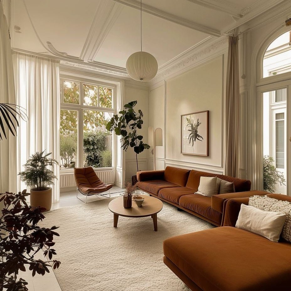 22. Caramel Sectional in Classic Cream Architectural Living Room - brown sofa living room ideas