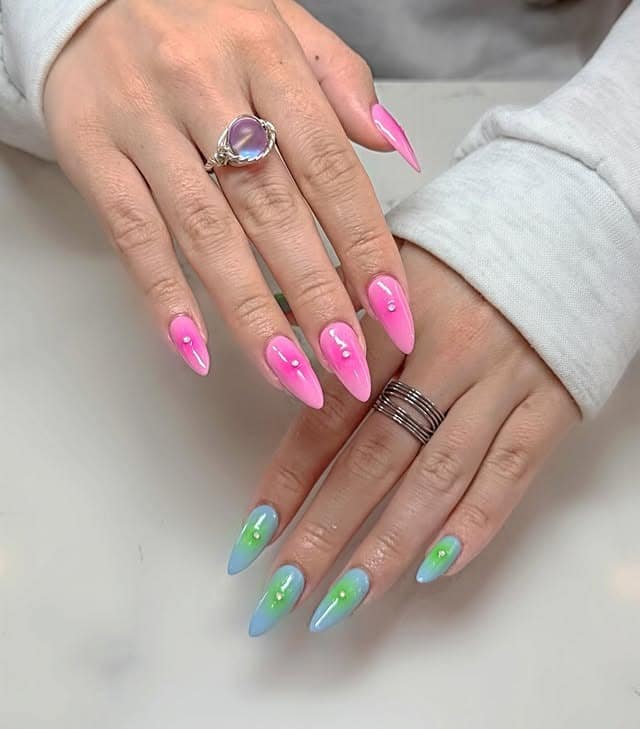 1. Glossy Pink & Blue Ombre Almond Nails with Rhinestone Accents - summer nail ideas