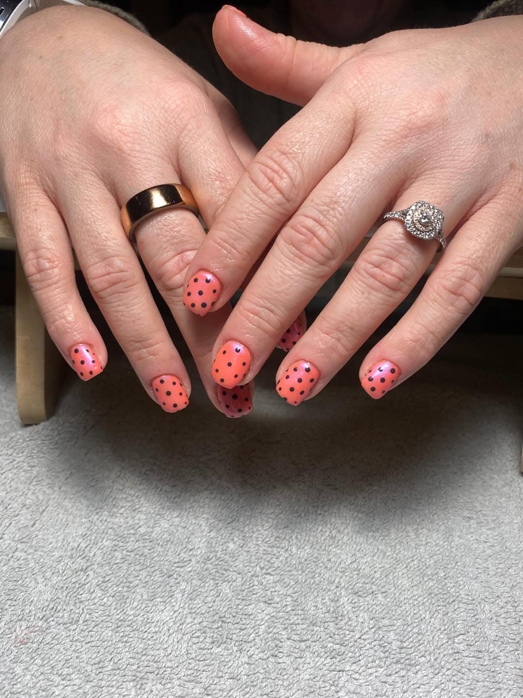 2. Coral Polka Dot Short Square Nails - summer nail ideas
