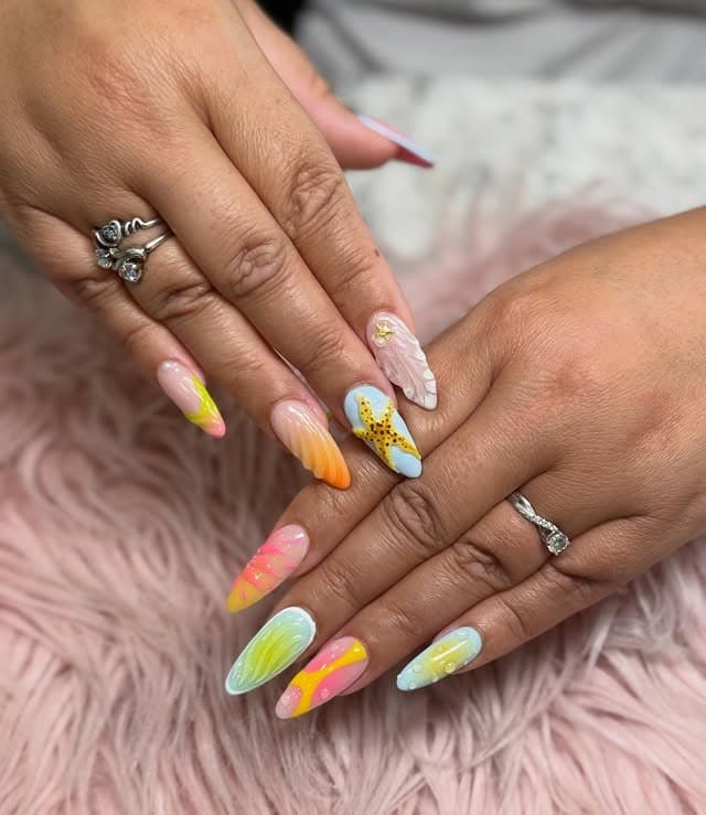 3. Tropical Mixed Design Almond Nails with Fruit and Abstract Art - summer nail ideas