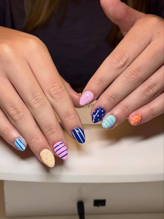 5. Multicolor Stripe and Dot Short Almond Nails - summer nail ideas