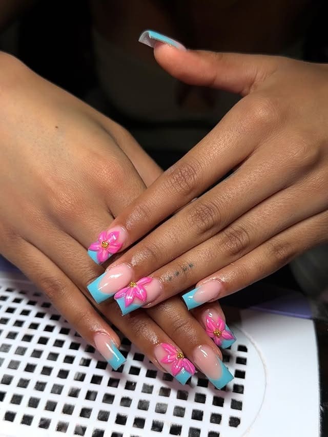 7. Aqua French Tip Square Nails with 3D Pink Flowers - summer nail ideas