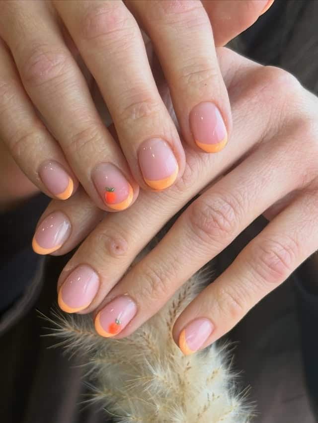 8. Soft Peach Micro French Short Nails with Fruit Accent - summer nail ideas