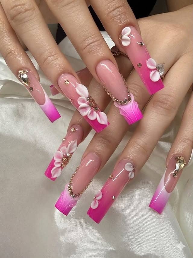 9. Pink Ombre Coffin Nails with 3D Floral Embellishments - summer nail ideas