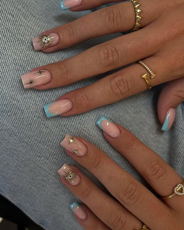 17. Nude and Baby Blue French Tip Square Nails with Celestial Art - summer nail ideas
