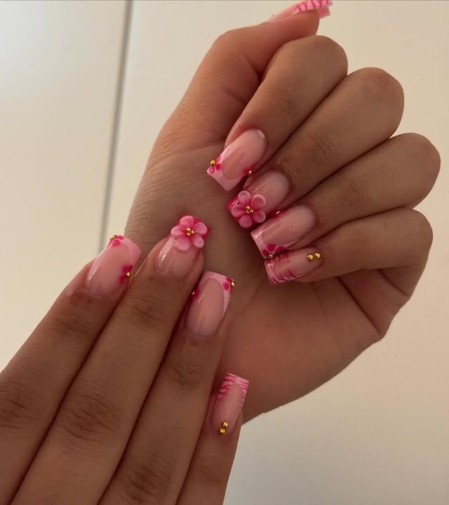 21. Pink French Tip Square Nails with 3D Floral Accents and Gold Studs - summer nail ideas