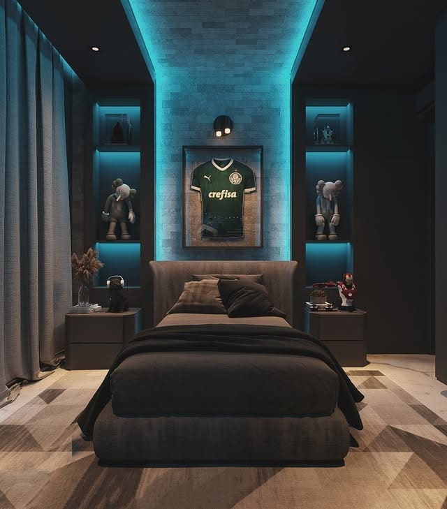 1. Moody Teal Soccer Gallery Wall Bedroom - soccer bedroom ideas