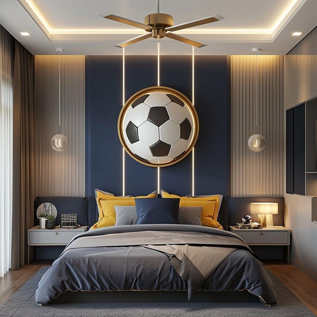 6. Contemporary Soccer Icon Wall with Gold Accents - soccer bedroom ideas