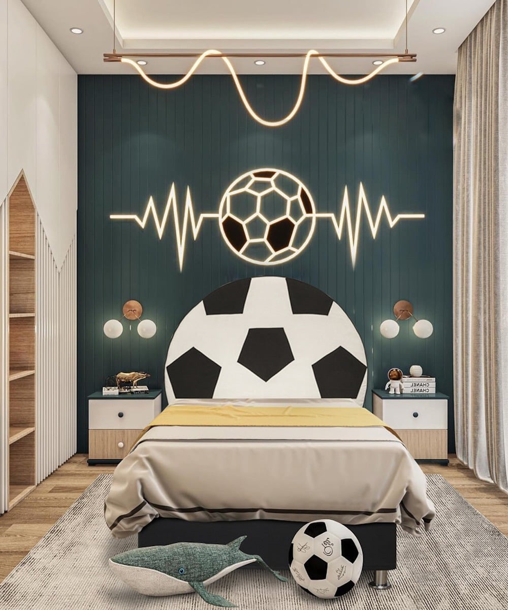 7. Playful Soccer Headboard Feature Bedroom - soccer bedroom ideas