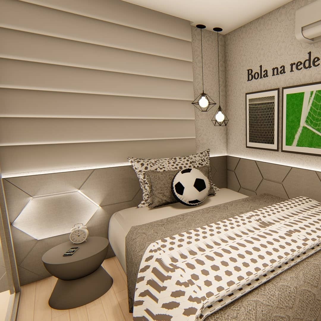 11. Soft Taupe Soccer Accent Bedroom with Geometric Panels - soccer bedroom ideas