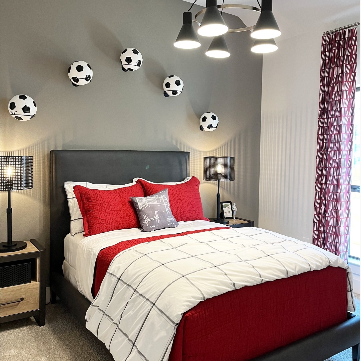 14. Neutral Soccer Wall Decor Bedroom with Red Accents - soccer bedroom ideas