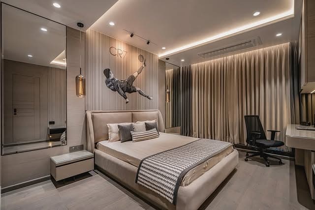16. Contemporary Soccer Silhouette Bedroom in Warm Neutrals - soccer bedroom ideas