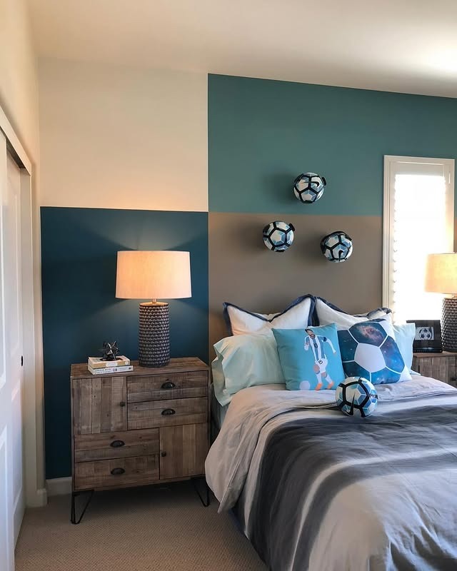 20. Modern Color Block Soccer Bedroom in Teal and Gray - soccer bedroom ideas