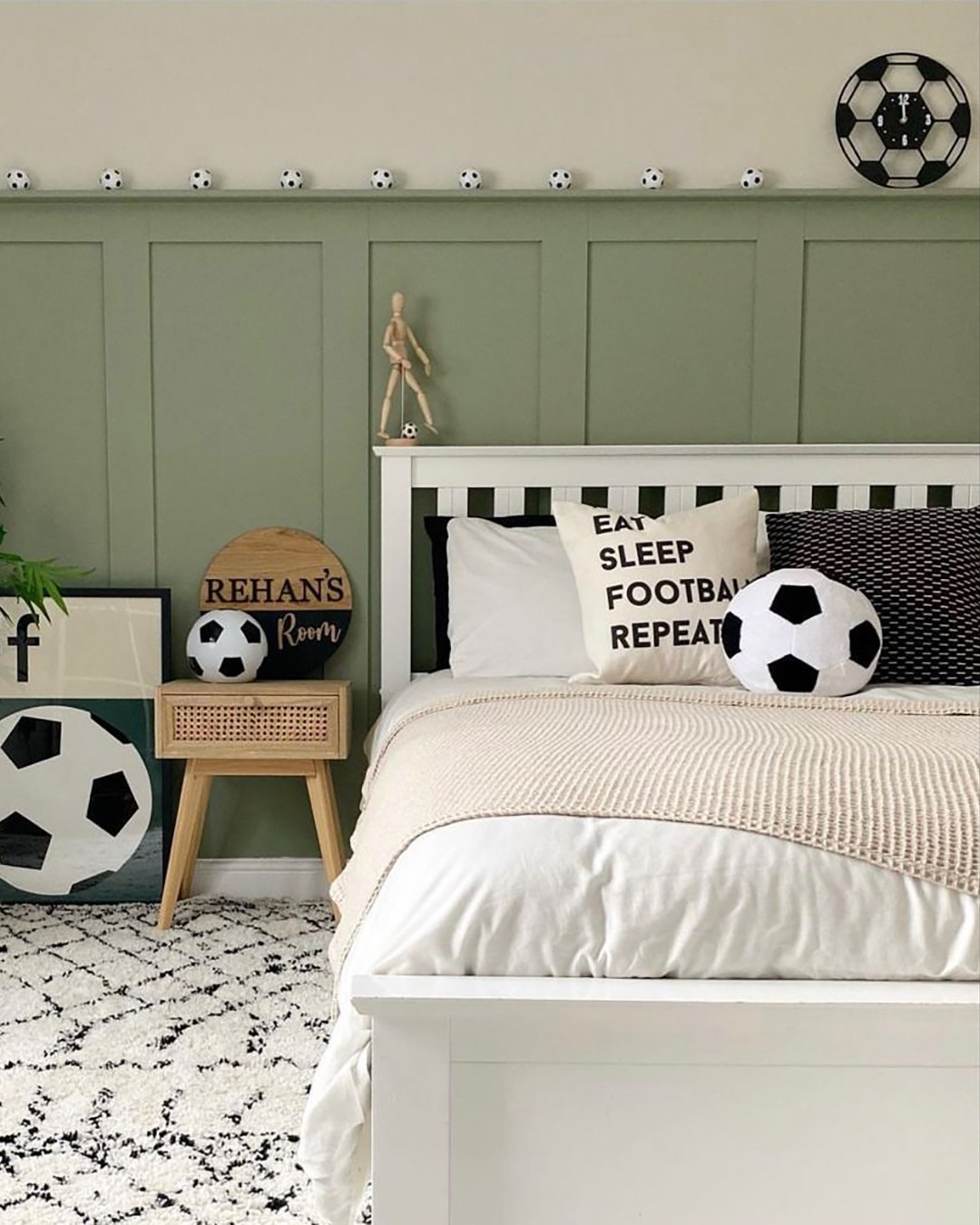 21. Sage Green Soccer Accent Bedroom with Natural Textures - soccer bedroom ideas