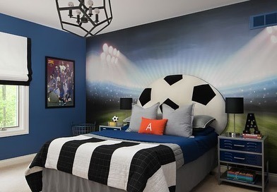 22. Deep Blue Stadium-Inspired Soccer Bedroom with Graphic Bedding - soccer bedroom ideas