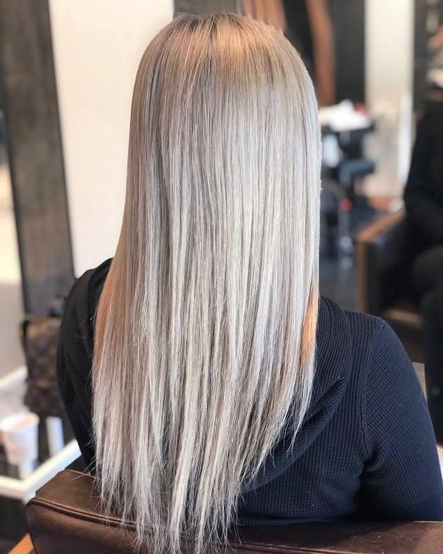 17. Straight Ash Platinum Length with Root Shadow - Ash Platinum Hair Color