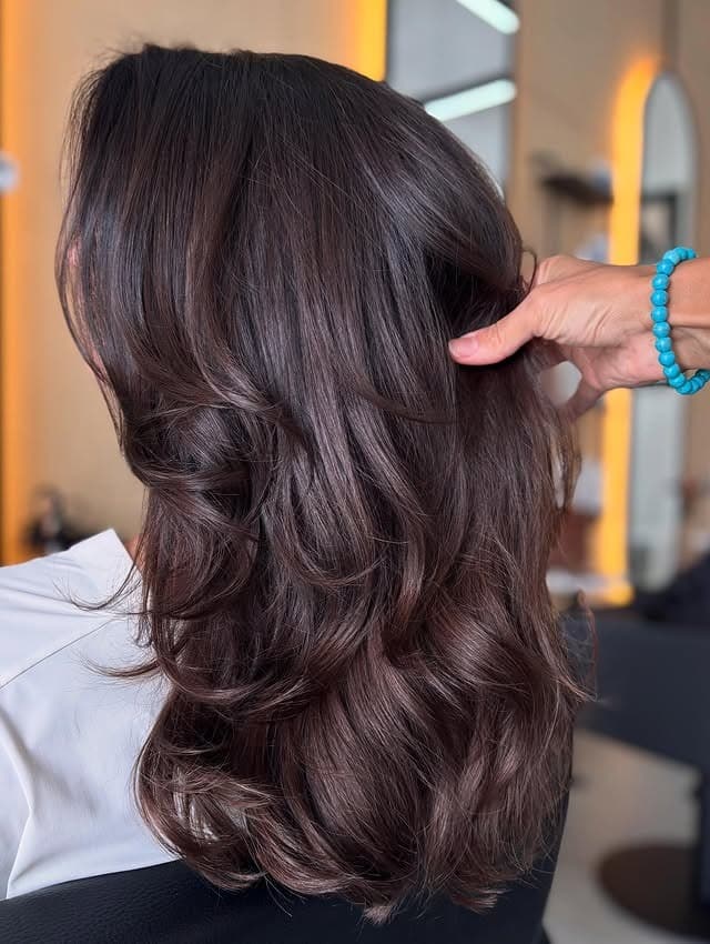 4. Voluminous Layers with Deep Chestnut Shine - Warm Chestnut Hair Color