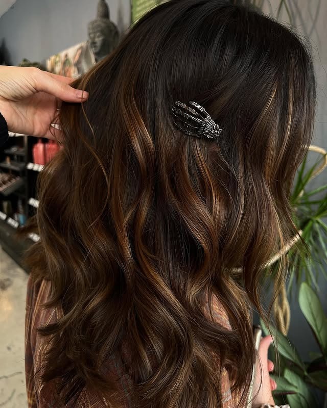 8. Textured Waves with Subtle Chestnut Balayage - Warm Chestnut Hair Color