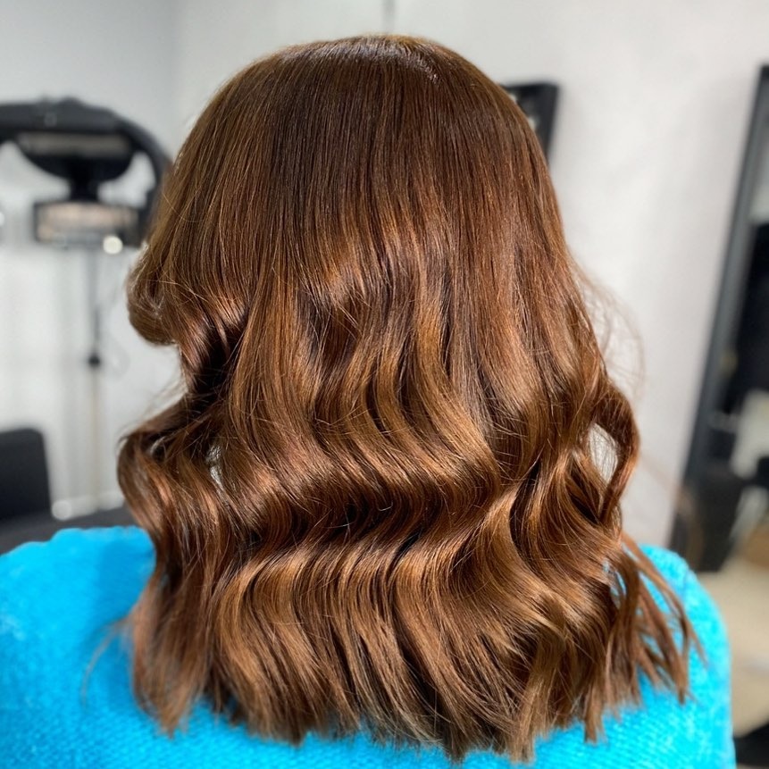 13. Polished Medium Waves in Golden Chestnut - Warm Chestnut Hair Color