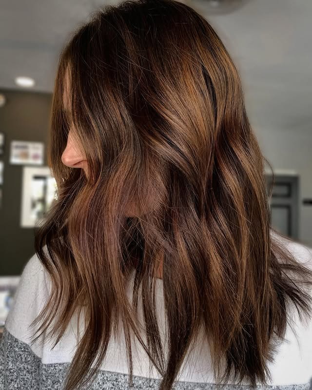 14. Layered Lob with Dimensional Chestnut Highlights - Warm Chestnut Hair Color