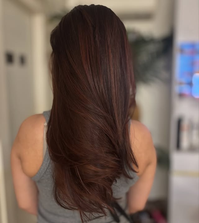 17. Long Feathered Layers in Deep Auburn Chestnut - Warm Chestnut Hair Color