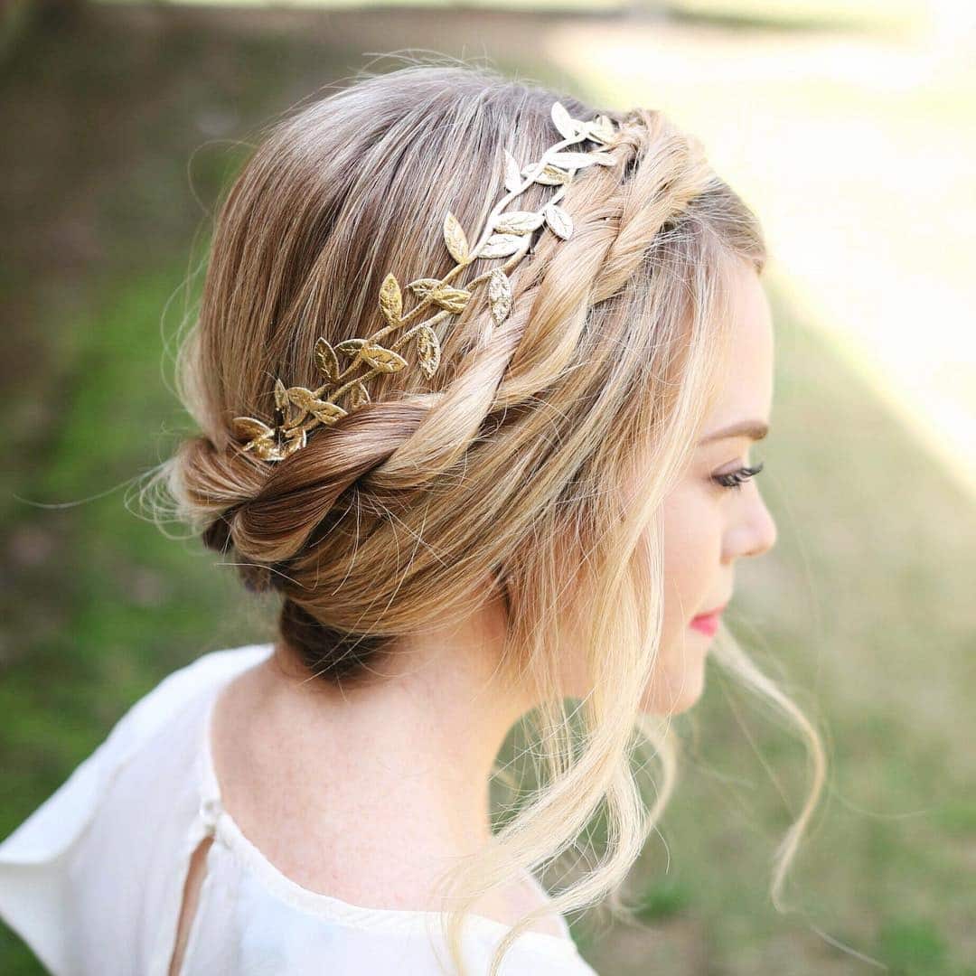 14. Soft Blonde Rope Braid Updo with Metallic Leaf Detail - Rope Braid Hairstyles