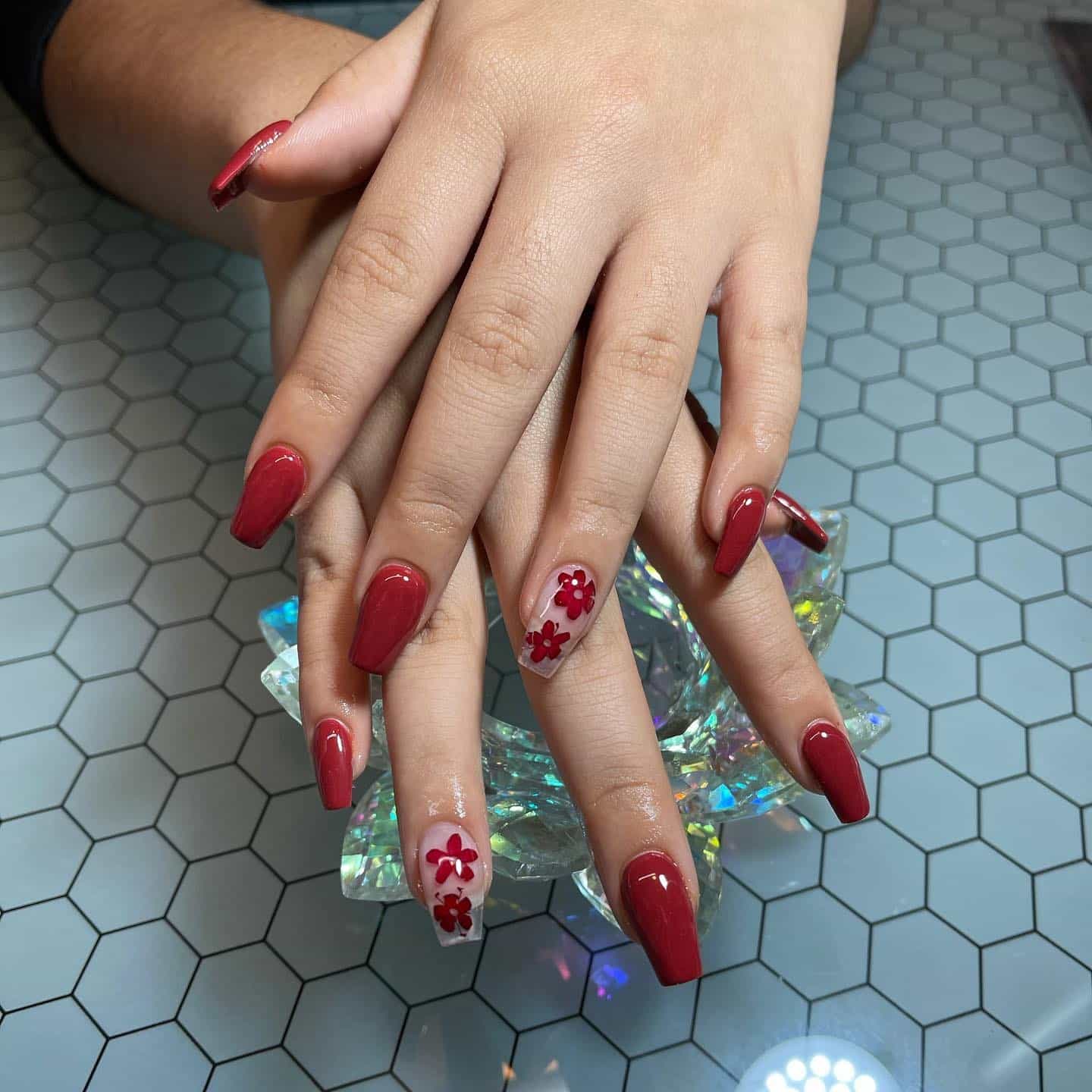 3. Deep Red Floral Accent Coffin Nails - small coffin nail ideas