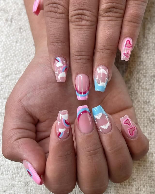 6. Pastel Rainbow Cloud Coffin Nails - small coffin nail ideas