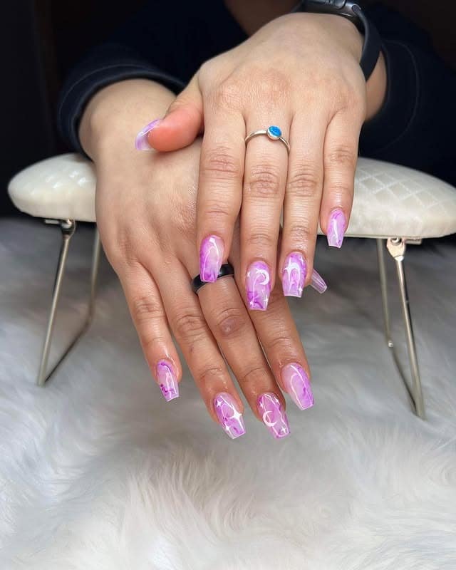 11. Lavender Marble Swirl Coffin Nails - small coffin nail ideas