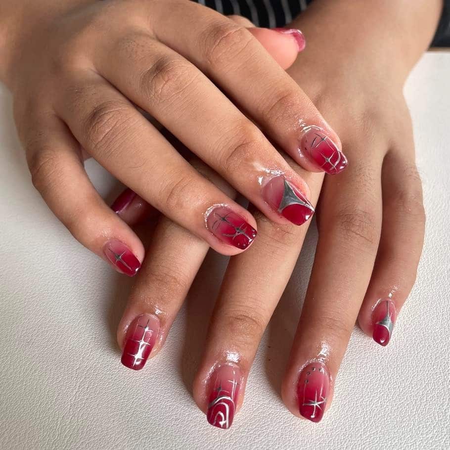 12. Deep Red Chrome Line Coffin Nails - small coffin nail ideas