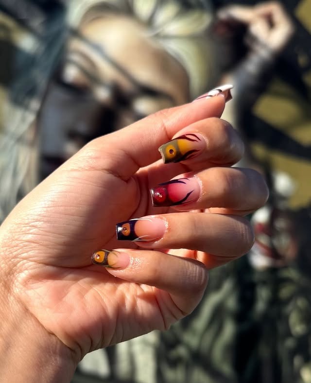 16. Sunset Ombre Abstract Coffin Nails - small coffin nail ideas
