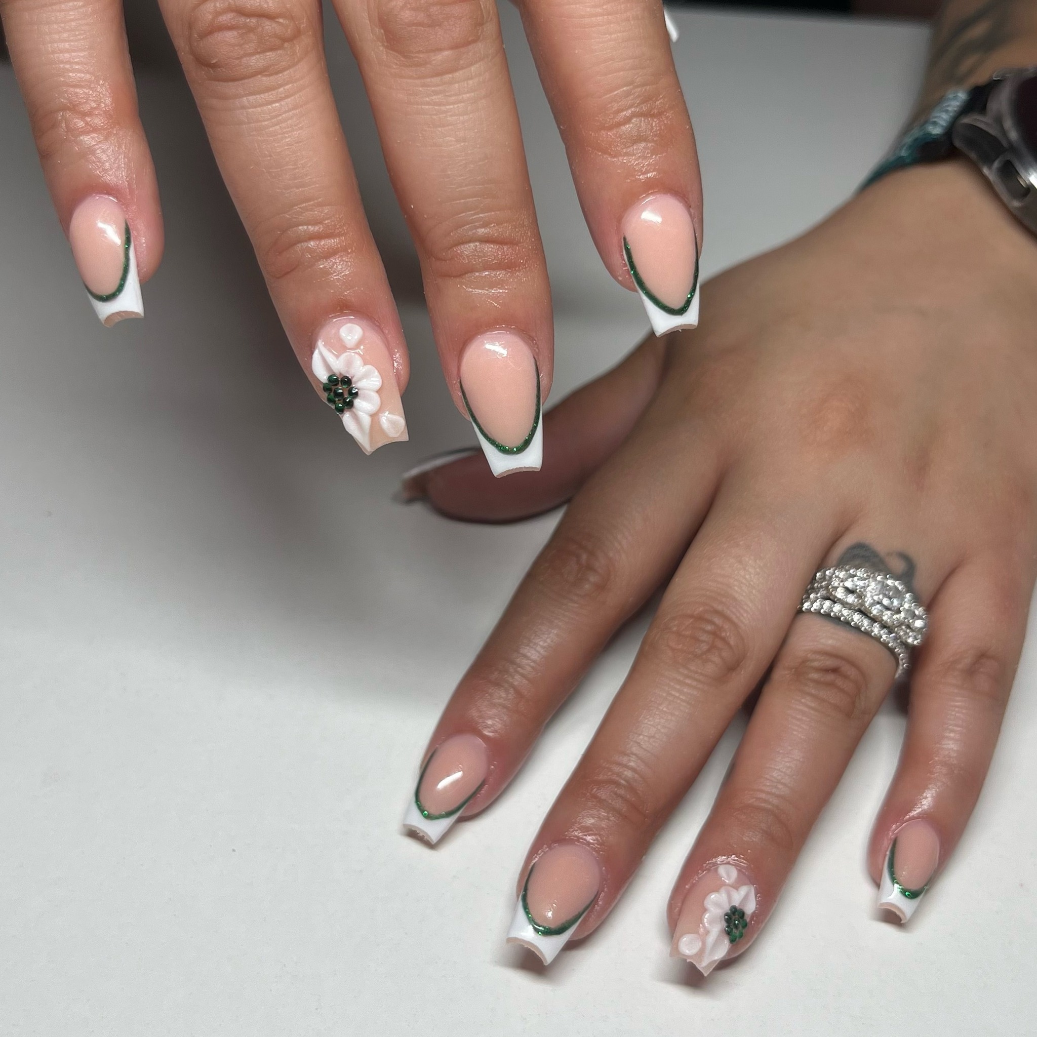 17. Nude French Coffin Nails with Green Outline - small coffin nail ideas