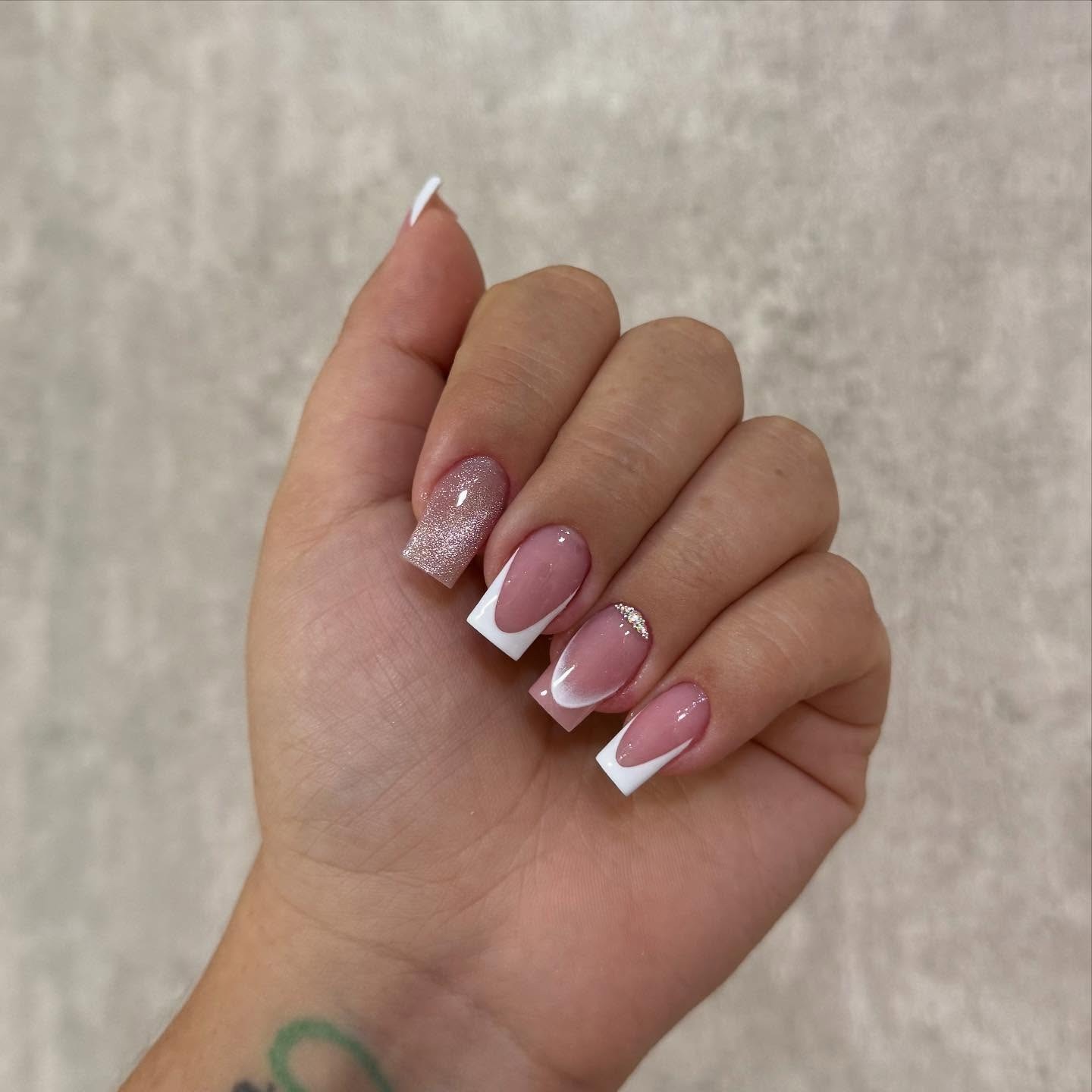 22. Soft Pink French Coffin Nails with Glitter Accent - small coffin nail ideas