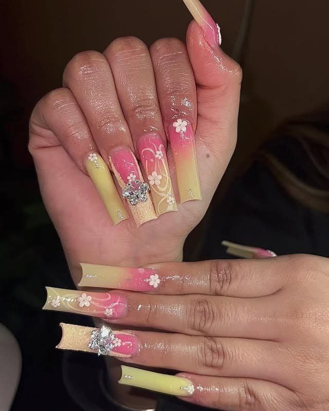 1. Pink & Lemon Ombre Floral Coffin Nails with Rhinestones - yellow and pink nail ideas