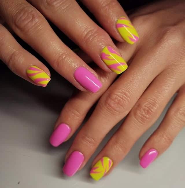 2. Neon Pink and Yellow Swirl Short Square Nails - yellow and pink nail ideas