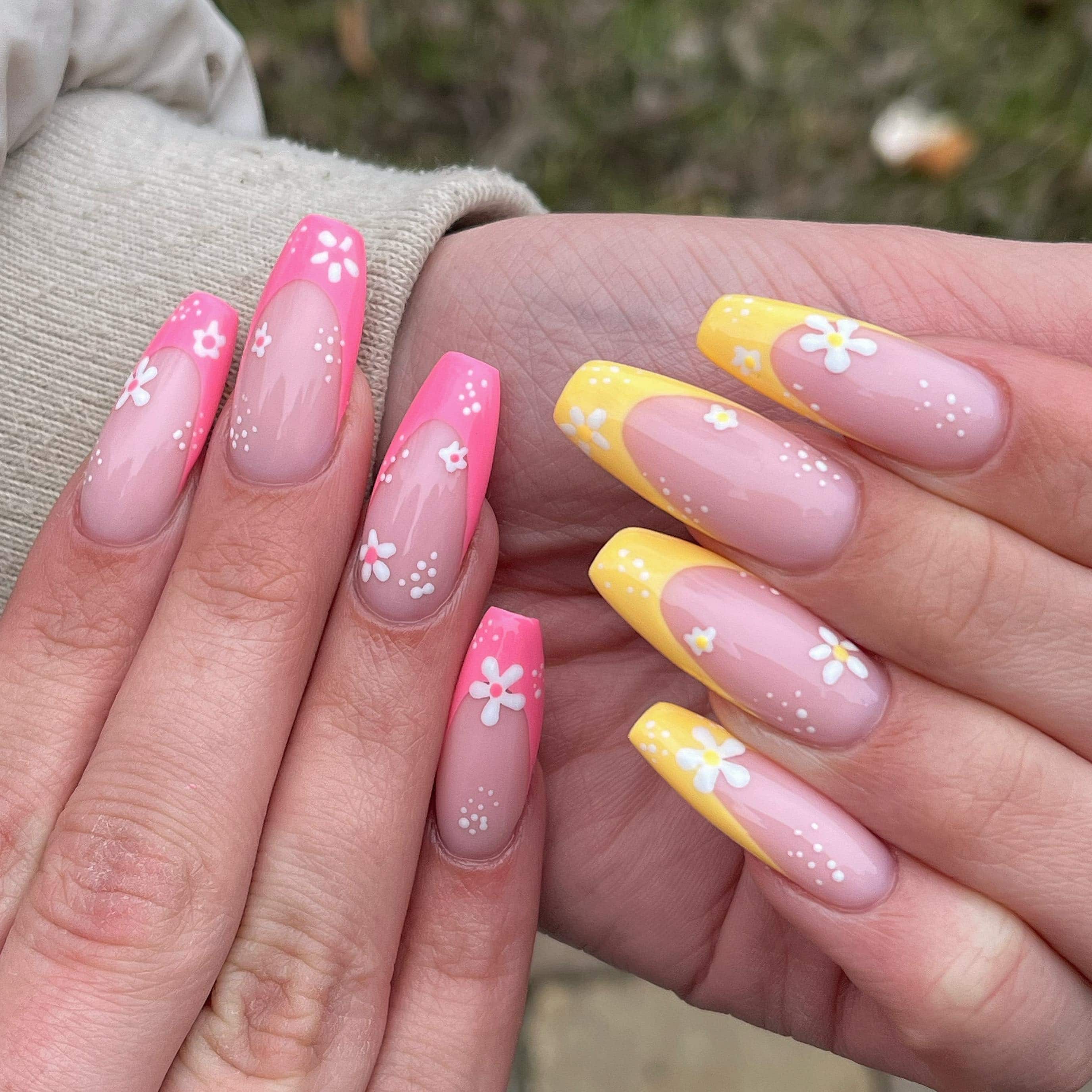 3. Pink and Yellow French Fade Almond Nails with Daisy Art - yellow and pink nail ideas